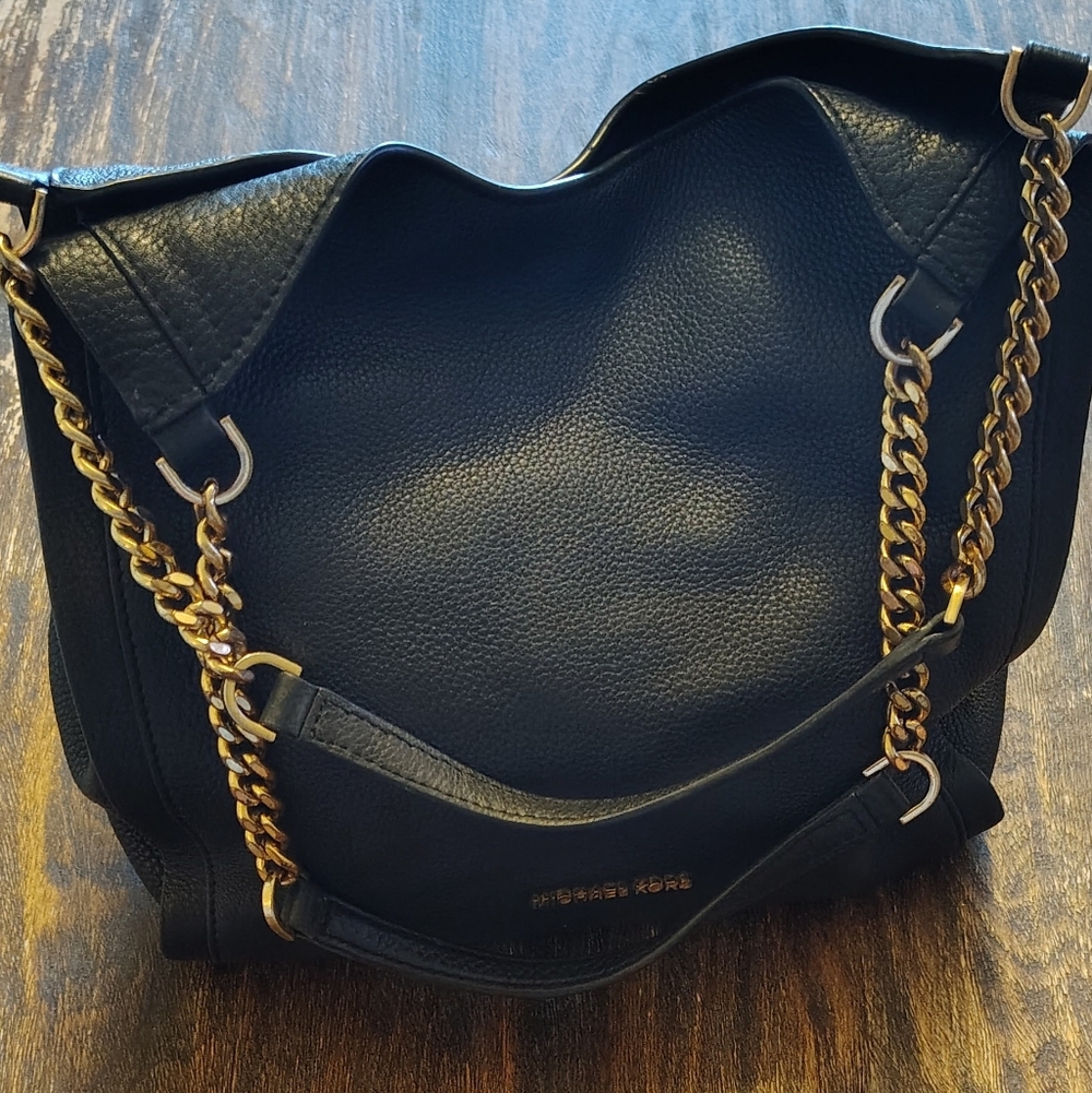 Michael Kors Classic Black Leather and Gold Shoulder Bag with Chain Straps